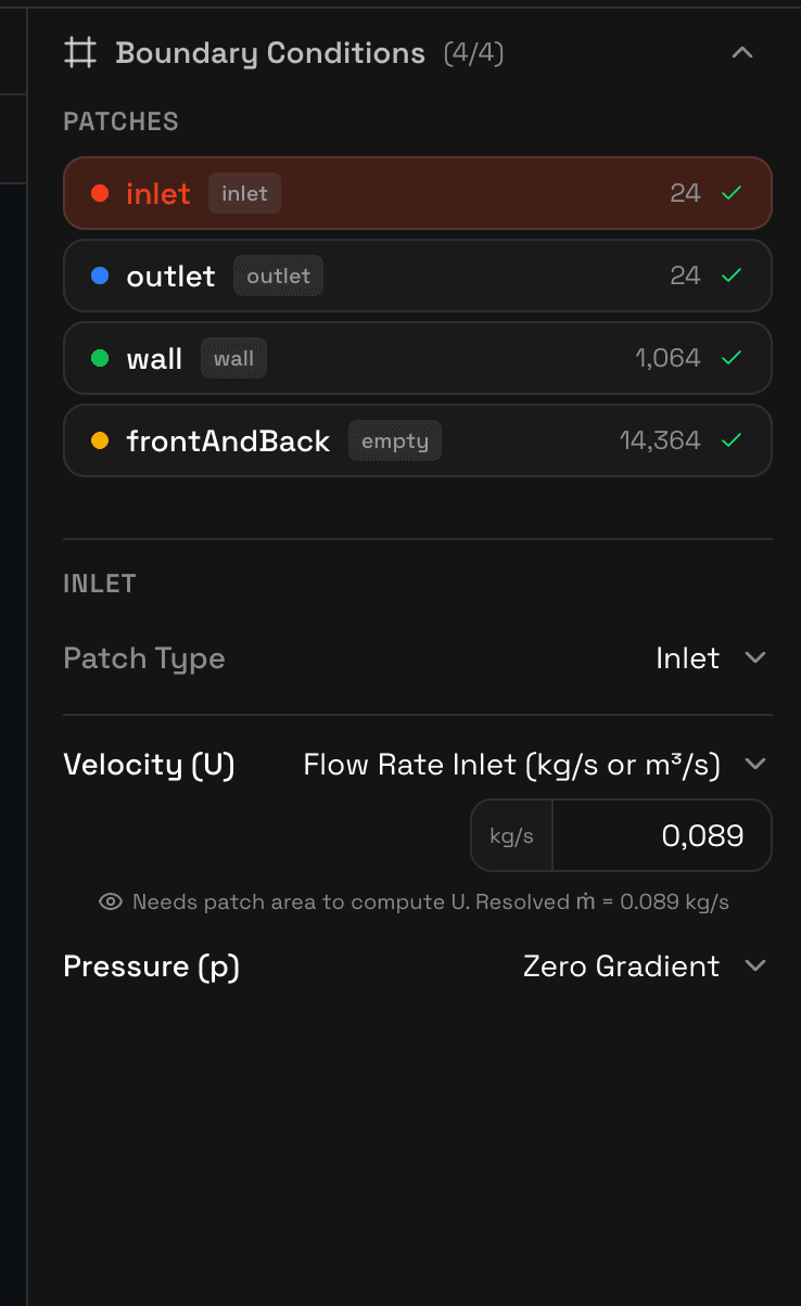 Boundary condition editor showing patch configuration for inlet velocity and pressure